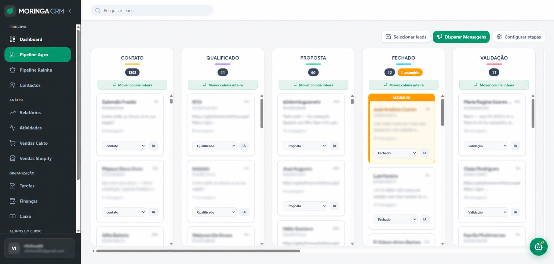 CRM personalizado — Pipeline comercial adaptado à rotina real da empresa, com leads, etapas, histórico, mensagens e ações organizadas em uma visão única.