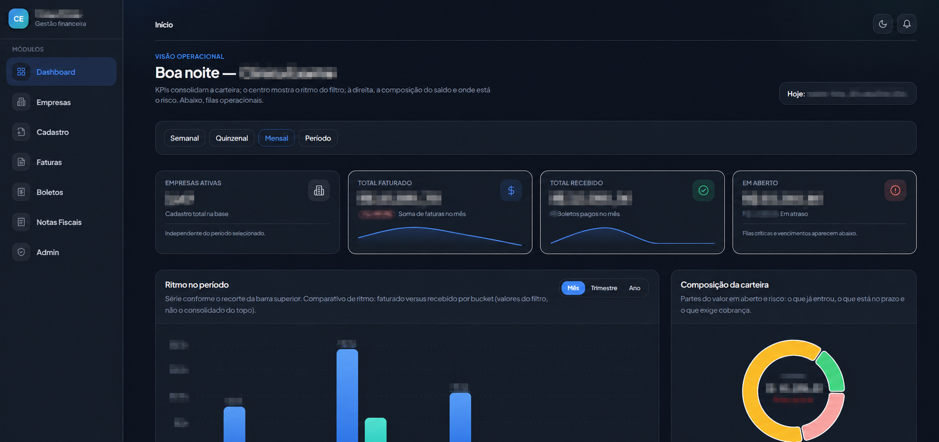 Gestão financeira detalhada — Interface personalizada para consulta de empresas, boletos, faturas, cobranças e indicadores operacionais.